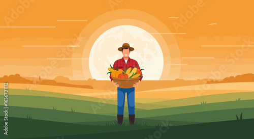 Illustration of a farmer holding a basket of harvested crops at sunset on a field