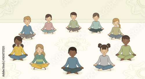 Group Of Children Practicing Meditation In A Circle For Mindfulness And Wellness