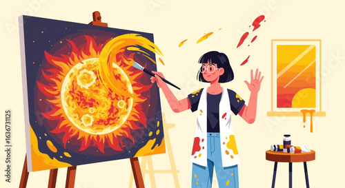 Illustration of a female artist painting a fiery sun on canvas in a creative studio setting