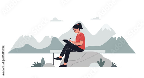 Illustration of a female artist sketching in a natural landscape setting with mountains and greenery