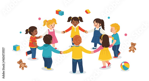 Group Of Diverse Children Holding Hands In Circle During Playtime