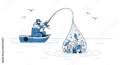 Illustration of a fisherman catching a large net full of fish from a small boat on the water