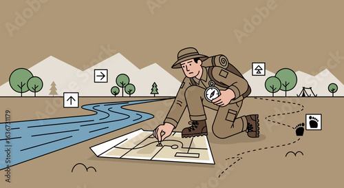 Illustration of a focused explorer planning a route in nature with map and compass exploring the outdoors seeking adventure using travel resources and symbols