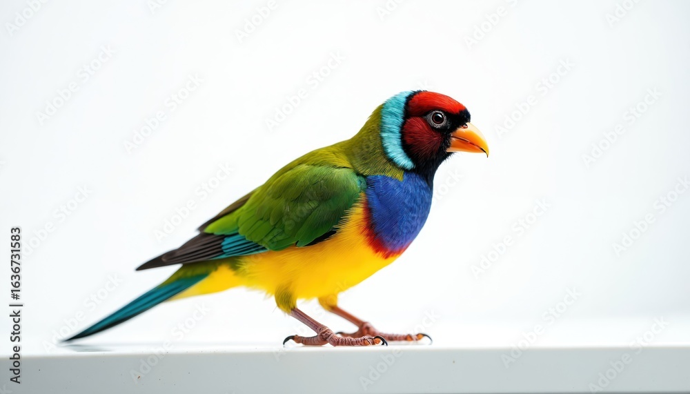 Obraz premium Vibrant Gouldian finch bird with striking plumage of green, yellow, red, blue perched on white surface. This small exotic avian species, native to Australia, displays bright feathers, delicate feet.