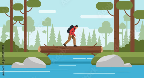Illustration of a hiker crossing a log bridge in a forest landscape on a sunny day