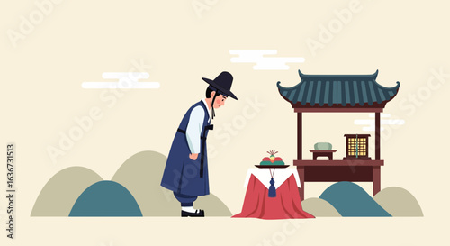 Illustration of a Korean man in traditional dress performing ancestral rites gracefully