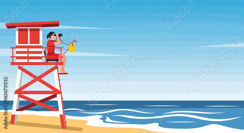 Illustration of a lifeguard on duty at a beach, watching the sea with binoculars on a rescue tower at the coast
