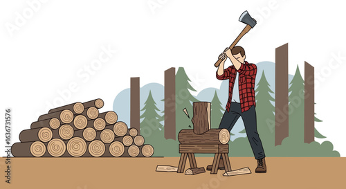 Illustration Of A Lumberjack Cutting Wood In The Forest With His Axe