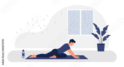 Illustration of a man practicing yoga indoors on a rainy day for wellness and flexibility