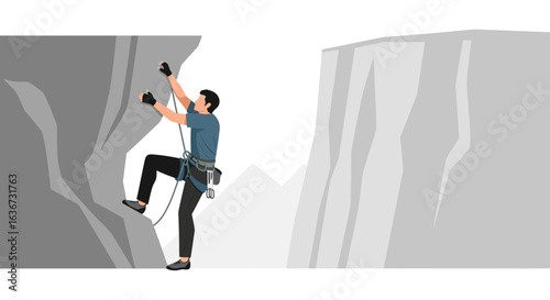 Illustration Of A Man Rock Climbing On A Steep Cliff Face Adventure
