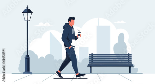 Illustration of a Man Walking in the City with Coffee Depicting Urban Life Style