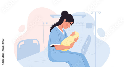 Illustration of a new mother holding her baby in a hospital room after childbirth