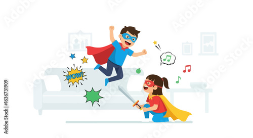 Happy Children Playing Superheroes In Living Room, Imagination And Creative Childhood