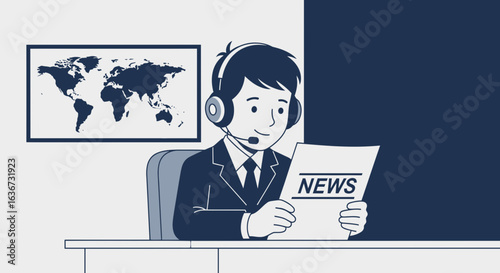 Illustration of a news anchor with a world map in the background in minimal style