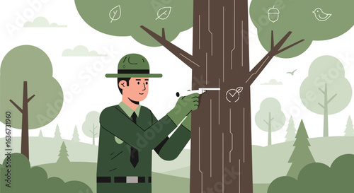 Illustration of a park ranger marking a tree in a lush green forest environment showing conservation efforts
