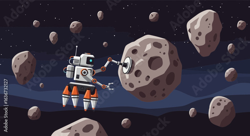 Illustration of a robot mining an asteroid in space showing future technologies exploration innovation and space development concept