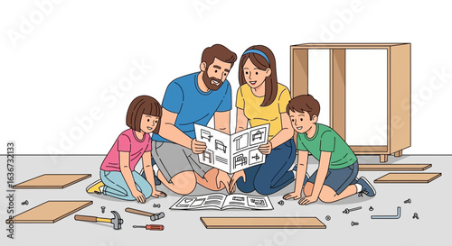 Happy Family Assembling New Furniture Together Reading Instructions Manual