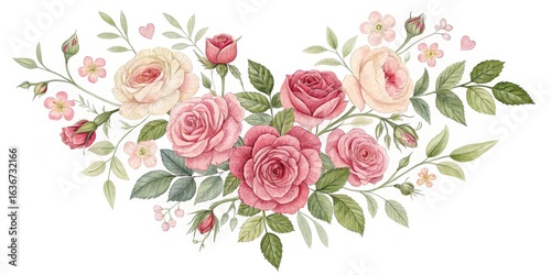 Heart-Shaped Watercolor Roses Bouquet, Floral Illustration, Botanical Art, Rose Arrangement Floral Design, Watercolor Painting