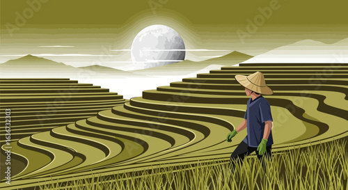 Illustration of a serene rice terrace landscape featuring a farmer under a full moon creates peaceful atmosphere
