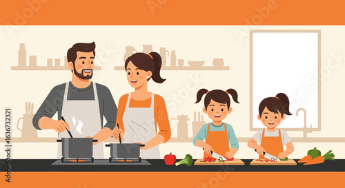 Happy family cooking together in the kitchen, father mother and daughters prepare food happily, bonding time together at home illustration
