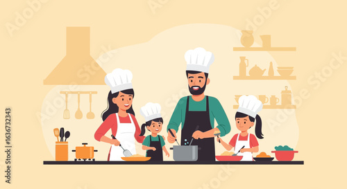 Happy Family Cooking Together Wearing Chef Hats Enjoying Quality Time At Home