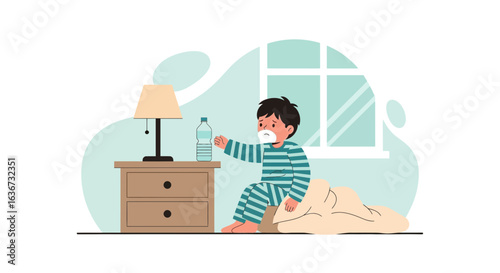 Illustration of a sick boy in bed wearing a mask, reaching for water, highlighting pediatric health and well being