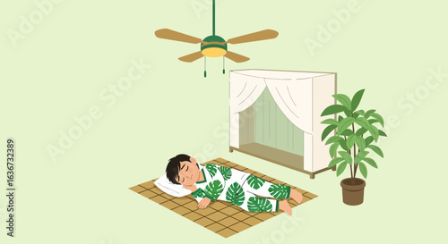 Illustration of a sleeping man in a tropical room with plant and fan