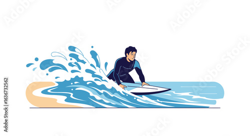 Illustration of a surfer riding a wave in the ocean with wetsuit and surfboard near the beach