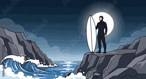 Illustration of a surfer standing on a cliff at night under a full moon ready to surf