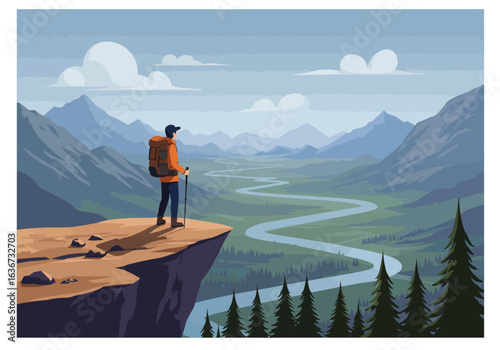 A lone adventurer enjoying a solitary hiking journey, standing on a cliff overlook to view a majestic mountain valley and river.