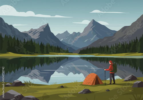 Illustrative view of a solo hiking trip with a tent set up by a serene mountain lake, capturing a moment of tranquility in the wilderness.
