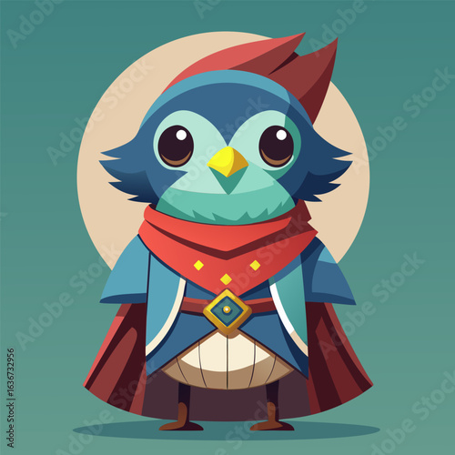 Cute bird character in stylized clothing and a cape. standing in a simple background.