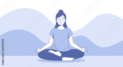Illustration of a woman meditating in a lotus position with blue background waves, promoting wellness and mindfulness