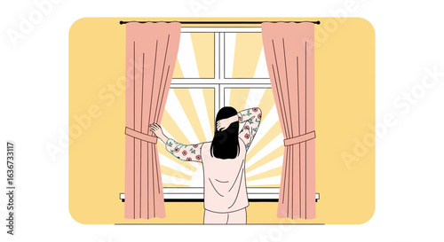 Illustration of a woman opening curtains to reveal sunlight streaming through window capturing a peaceful morning scene