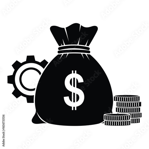 Vector art of money bag with dollar sign and gear isolated on white background