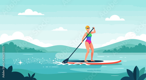 Illustration of a woman paddleboarding on a serene lake surrounded by mountains and nature enjoying outdoor recreation