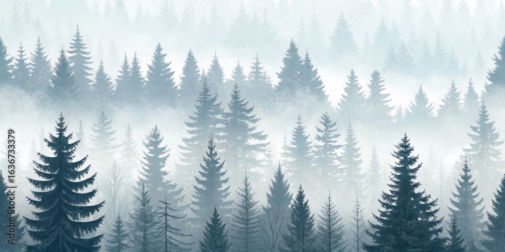 Obraz premium Misty Pine Forest Silhouette, Winter Landscape, Conifer Forest, Foggy