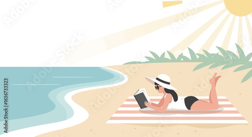 Illustration of a woman relaxing and reading a book on a beach under the sun enjoying vacation moments