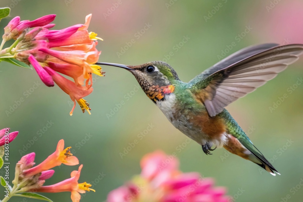 Naklejka premium Colorful Hummingbird Drinking Nectar from Vibrant Flower in Mid-Flight