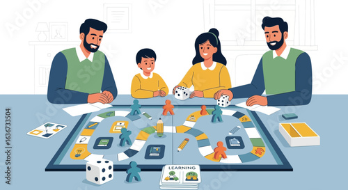 Happy family playing board game together at home enjoying quality time illustration