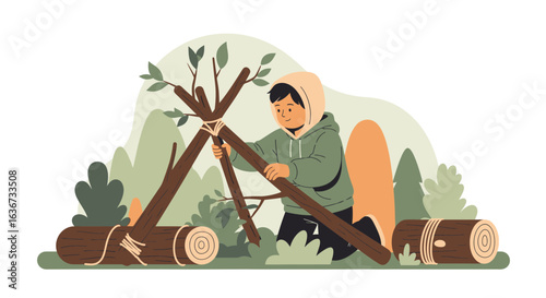 Illustration of a young boy building a log cabin in the woods with a serene backdrop