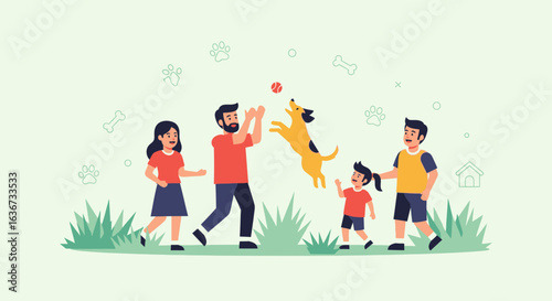 Happy Family Playing With Dog Having Fun Outdoors Enjoying Time