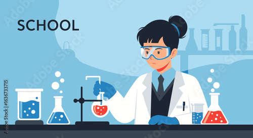 Illustration of a young female scientist conducting experiments in laboratory school setting