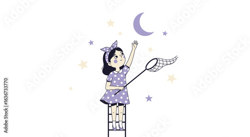 Illustration of a young girl reaching for the moon with a butterfly net standing on a ladder dreaming about fantasy space