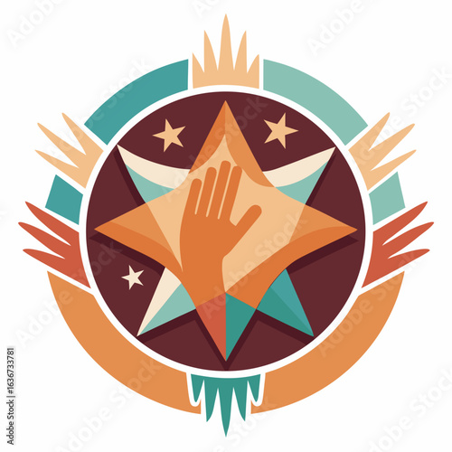 Abstract Circular Volunteer Badge with Layered Hands and Central Star Vector