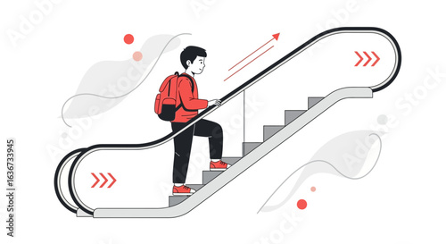 Illustration of a young man with a backpack riding an escalator upwards towards success and goals achievement minimal