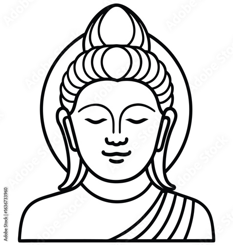 Cartoon illustration of a Buddha head silhouette with a funny smile and closed eyes, perfect for a black-and-white tattoo design or spiritual icon