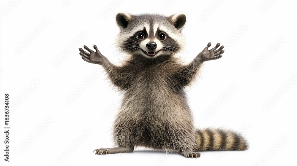 Naklejka premium Raccoon stands with arms up, posing happily on a white studio background