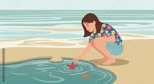 Illustration of a young woman examining a starfish in a tidal pool on the beach near ocean