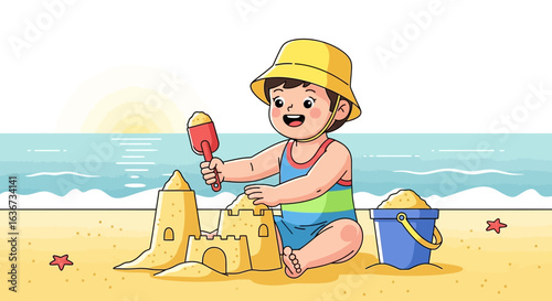 Happy Little Boy Builds Sandcastles At Beach During Summer Vacation